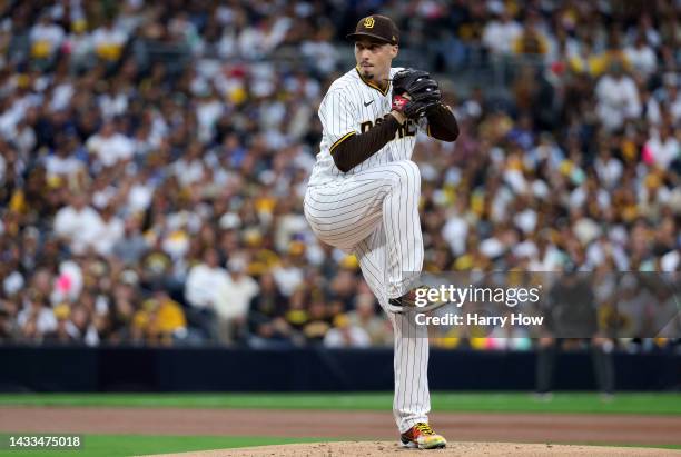 Blake Snell of the San Diego Padres delivers a pitch against the Los Angeles Dodgers during the first inning in game three of the National League...