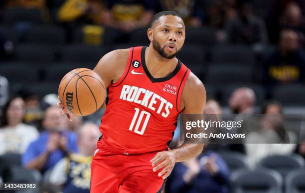 Eric Gordon of the Houston Rockets dribbles the ball against the Indiana Pacers at Gainbridge Fieldhouse on October 14, 2022 in Indianapolis,...
