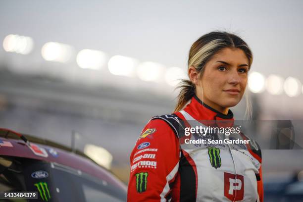 Hailie Deegan, driver of the Pristine Auction Ford, looks on during qualifying for the NASCAR Xfinity Series Alsco Uniforms 302 at Las Vegas Motor...