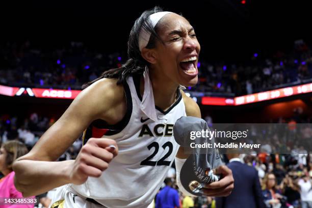 Ja Wilson of the Las Vegas Aces celebrates after defeating the Connecticut Sun 78-71 in game four to win the 2022 WNBA Finals at Mohegan Sun Arena on...