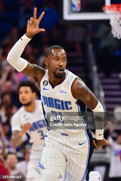 Terrence Ross of the Orlando Magic reacts after scoring a three-point basket in the first half against the Cleveland Cavaliers at Amway Center on...