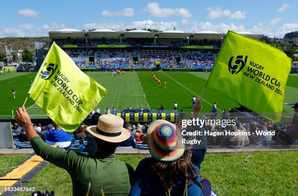 Spectators show their support during the Pool A Rugby World Cup 2021 match between Scotland and Australia at Northland Events Centre on October 15 in...