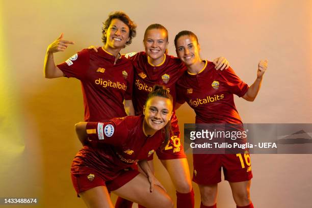 Valentina Giacinti, Mina Schaathun Bergersen, Annamaria Serturini and Claudia Ciccotti of AS Roma pose for a photo during the AS Roma UEFA Women's...