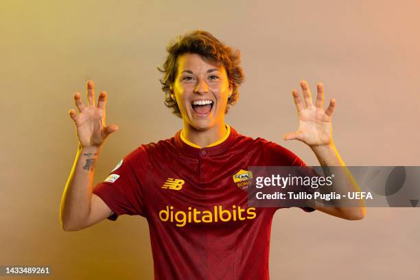 Valentina Giacinti of AS Roma poses for a photo during the AS Roma UEFA Women's Champions League Portrait session on October 13, 2022 in Rome, Italy.