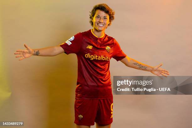 Valentina Giacinti of AS Roma poses for a photo during the AS Roma UEFA Women's Champions League Portrait session on October 13, 2022 in Rome, Italy.