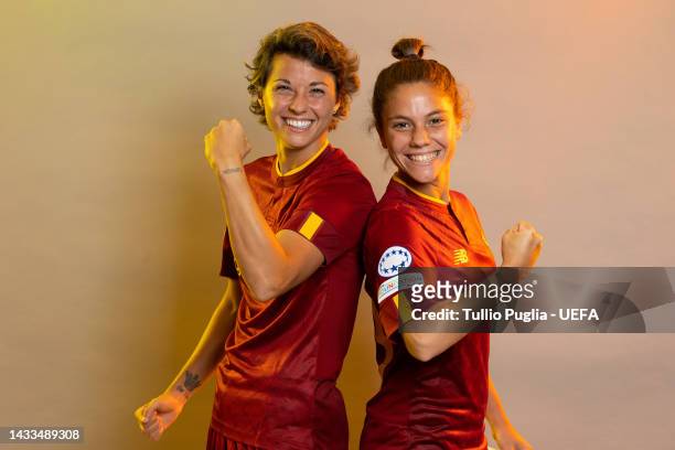 Valentina Giacinti and Manuela Giugliano of AS Roma pose for a photo during the AS Roma UEFA Women's Champions League Portrait session on October 13,...