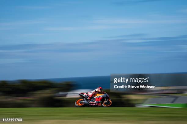 Marc Marquez of Spain and Repsol Honda Team rides during the qualifying session of the MotoGP of Australia at Phillip Island Grand Prix Circuit on...