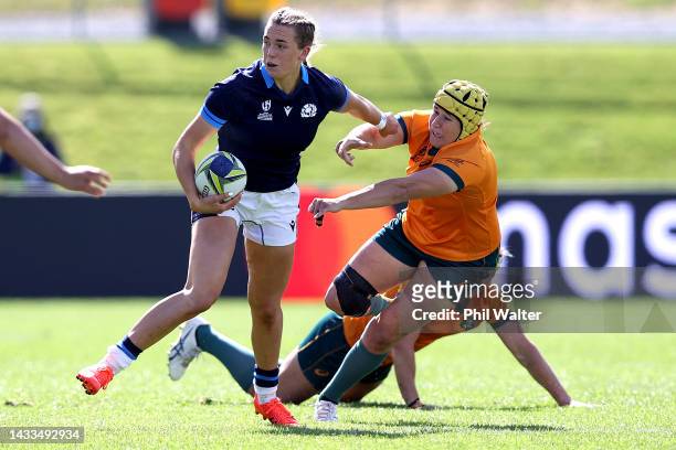 Emma Orr of Scotland is tackled during the Pool A Rugby World Cup 2021 match between Scotland and Australia at Northland Events Centre on October 15...