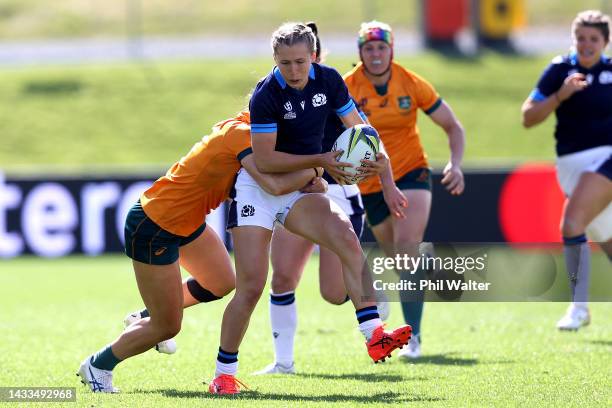 Shona Campbell of Scotland is tackled during the Pool A Rugby World Cup 2021 match between Scotland and Australia at Northland Events Centre on...