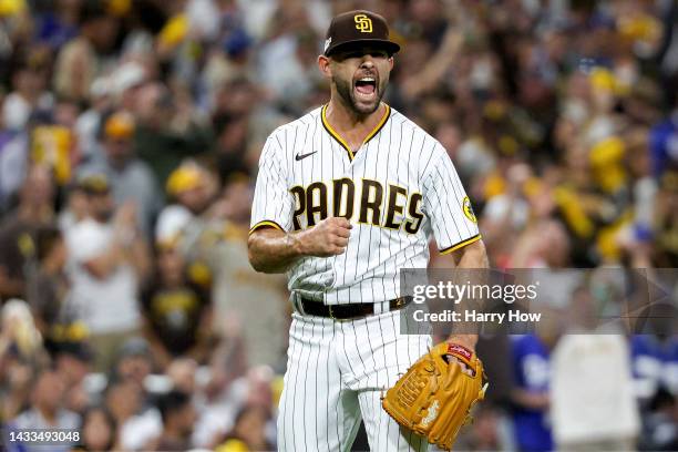 Nick Martinez of the San Diego Padres reacts after throwing out Chris Taylor of the Los Angeles Dodgers to end the sixth inning in game three of the...