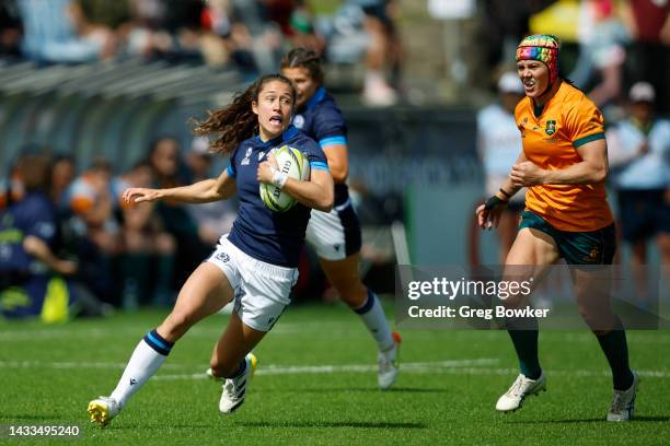 Rhona Lloyd of Scotland breaks through Australian defence during the Pool A Rugby World Cup 2021 match between Scotland and Australia at Northland...