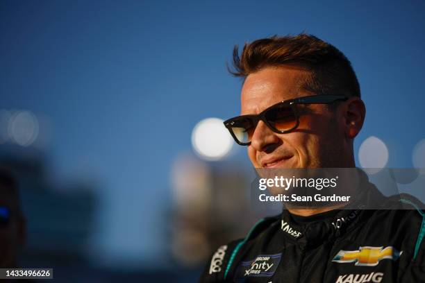 Landon Cassill, driver of the Voyager: Crypto for All Chevrolet, waits on the grid during practice for the NASCAR Xfinity Series Alsco Uniforms 302...