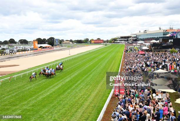 General view of crowds during Race 5, the Stow Storage Gothic Stakes, during Caulfield Cup Day at Caulfield Racecourse on October 15, 2022 in...