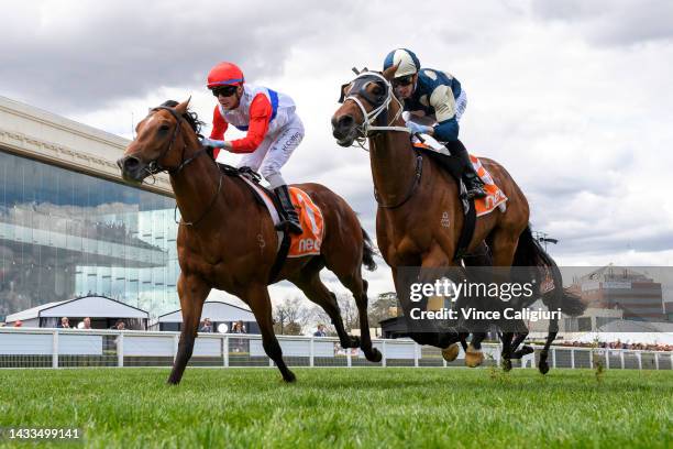 Harry Coffey riding Mr Maestro defeats Daniel Moor riding Muramasa in Race 3, the Neds Classic, during Caulfield Cup Day at Caulfield Racecourse on...