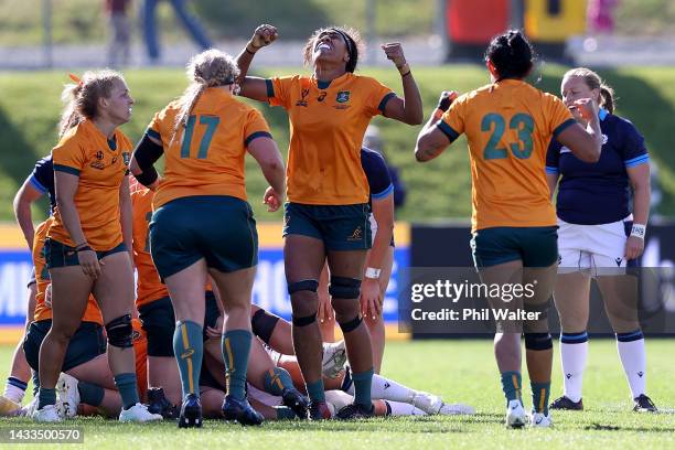 Sera Naiqama of Australia celebrates on full time during the Pool A Rugby World Cup 2021 match between Scotland and Australia at Northland Events...