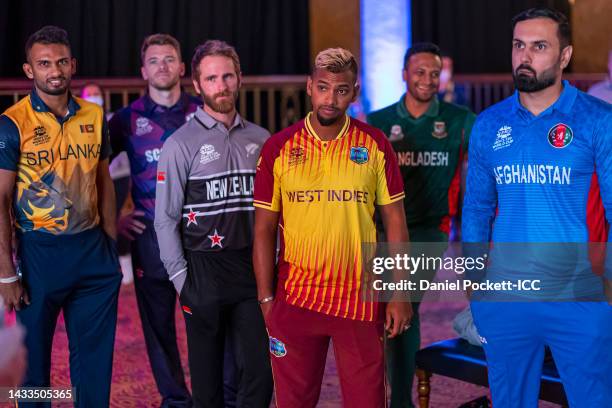 Dasun Shanaka of Sri Lanka , Richie Berrington of Scotland, Kane Williamson of New Zealand, Nicholas Pooran of West Indies and Mohammad Nabi of...