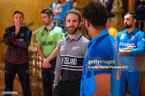 Kane Williamson of New Zealand and Rohit Sharma of India chat ahead of the ICC Men's T20 World Cup on October 15, 2022 in Melbourne, Australia.