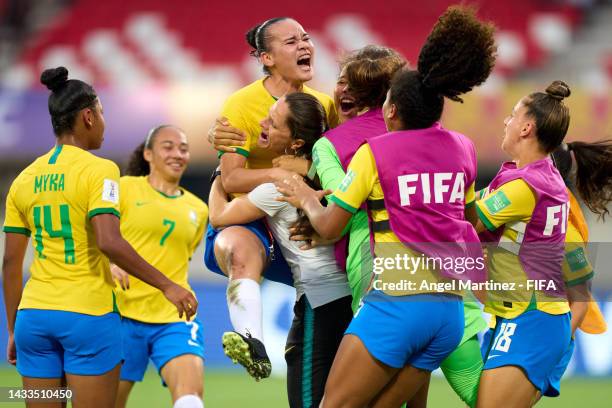 Carol Chaves of Brazil celebrates with teammates after scoring their side's first goal during the FIFA U-17 Women's World Cup 2022 Group A match...