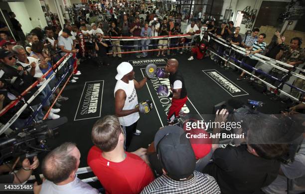Boxer Floyd Mayweather Jr. Trains during his media workout at Mayweather Boxing Gym on April 24, 2012 in Las Vegas, Nevada.