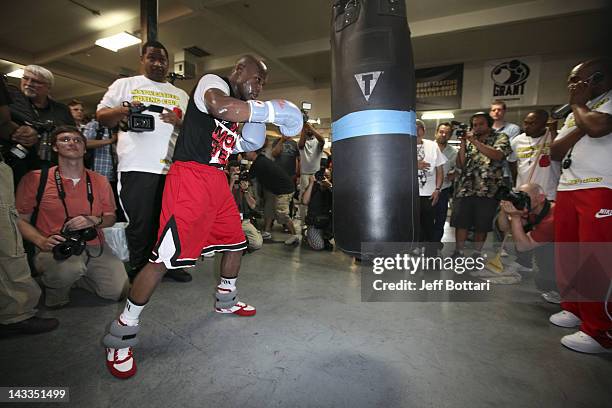 Boxer Floyd Mayweather Jr. Trains during his media workout at Mayweather Boxing Gym on April 24, 2012 in Las Vegas, Nevada.