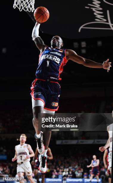Antonius Cleveland of the 36ers slam dunks during the round three NBL match between Adelaide 36ers and Illawarra Hawks at Adelaide Entertainment...