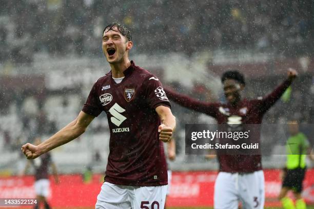 Aleksej Mirancuk of Torino FC celebrates a goal during the Serie A match between Torino FC and Empoli FC at Stadio Olimpico di Torino on October 9,...