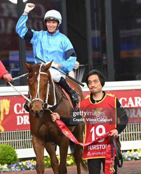 Michael Dee riding Durston after winning Race 9, the Carlton Draught Caulfield Cup, during Caulfield Cup Day at Caulfield Racecourse on October 15,...