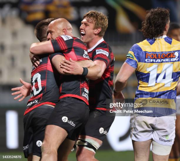 Canterbury players celebrate the try by Fergus Burke during the Bunnings NPC Semi Final match between Canterbury and Bay of Plenty at Orangetheory...