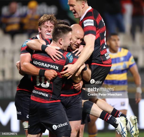 Canterbury players celebrate the try by Fergus Burke during the Bunnings NPC Semi Final match between Canterbury and Bay of Plenty at Orangetheory...
