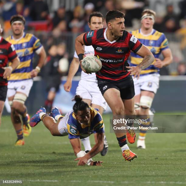 Rameka Poihipi from Canterbury makes a break to set up a try during the Bunnings NPC Semi Final match between Canterbury and Bay of Plenty at...