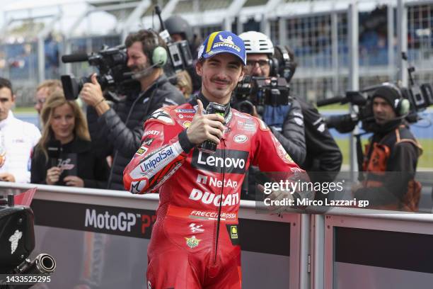 Francesco Bagnaia of Italy and Ducati Lenovo Team celebrates the third place in MotoGP during qualifying for the MotoGP of Australia at Phillip...