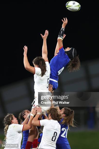 Celine Ferer of France takes the ball in the lineout during the Pool C Rugby World Cup 2021 match between France and England at Northland Events...