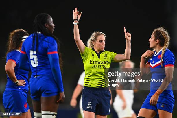 Joy Neville referees during the Pool C Rugby World Cup 2021 match between France and England at Northland Events Centre on October 15 in Whangarei,...