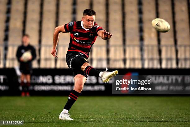 Fergus Burke of Canterbury kicks the ball during the Bunnings NPC Semi Final match between Canterbury and Bay of Plenty at Orangetheory Stadium, on...