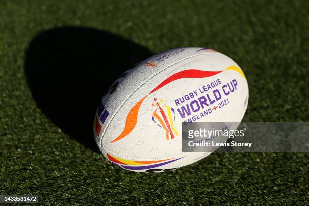 Detailed view of the RLWC2021 branded rugby ball is seen. Rugby League Legends Ellery Hanley, Jamie Peacock, Jason Robinson and Rebecca Stevens, join...