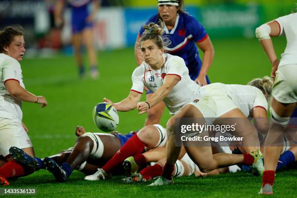 Claudia MacDonald of England clears the ball during the Pool C Rugby World Cup 2021 match between France and England at Northland Events Centre on...