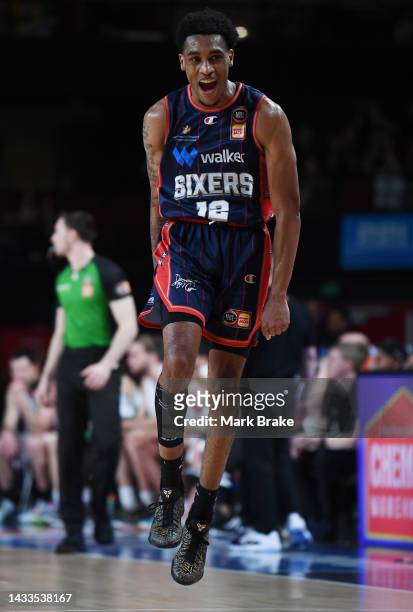 Craig Randall of the 36ers celebrates a three pointer during the round three NBL match between Adelaide 36ers and Illawarra Hawks at Adelaide...
