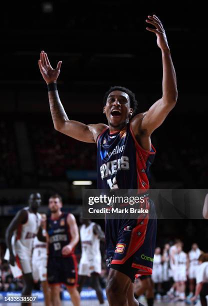 Craig Randall of the 36ers celebrates the win during the round three NBL match between Adelaide 36ers and Illawarra Hawks at Adelaide Entertainment...