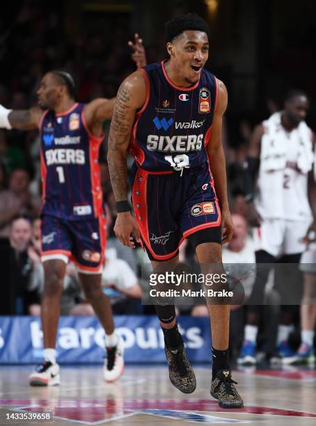 Craig Randall of the 36ers celebrates shooting a three during the round three NBL match between Adelaide 36ers and Illawarra Hawks at Adelaide...