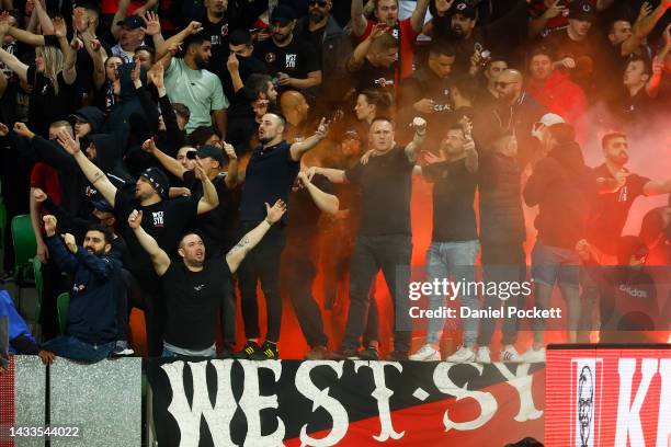 Wanderers fans celebrate a goal during the round two A-League Men's match between Melbourne Victory and Western Sydney Wanderers at AAMI Park, on...