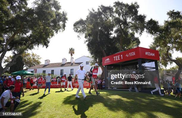 Adrian Otaegui of Spain walks off the first tee on Day Three of the Estrella Damm N.A. Andalucía Masters at Real Club Valderrama on October 15, 2022...