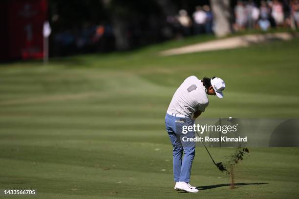 Min Woo Lee of Australia plays his second shot on the first hole on Day Three of the Estrella Damm N.A. Andalucía Masters at Real Club Valderrama on...