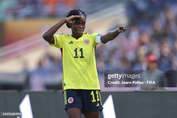 Linda Caicedo of Colombia celebrates after scoring her teams first goal during the FIFA U-17 Women's World Cup 2022 Group C match between China and...