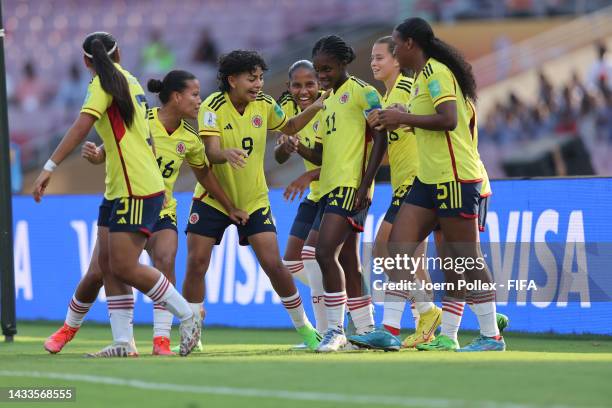 Linda Caicedo of Colombia celebrates with her team mates after scoring her teams first goal during the FIFA U-17 Women's World Cup 2022 Group C match...
