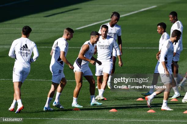 Toni Kroos, Lucas Vazquez, Eden Hazard and Eduardo Camavinga of Real Madrid in action during the training session before the spanish league, La Liga...