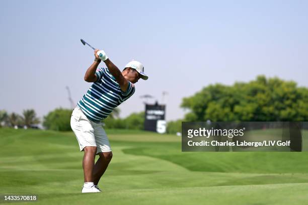 Hideto Tanihara of Torque GC plays his second shot on the fifth hole during day two of the LIV Golf Invitational - Jeddah at Royal Greens Golf &...