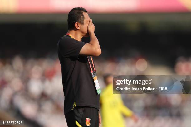 Anzhi Wang of China reacts during the FIFA U-17 Women's World Cup 2022 Group C match between China and Colombia at DY Patil Stadium on October 15,...