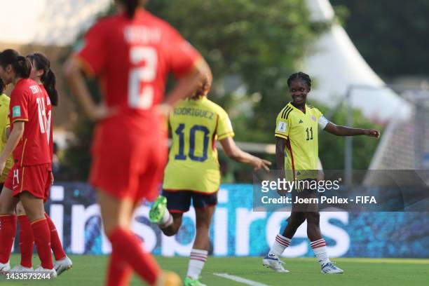 Linda Caicedo of Colombia celebrates with her team mates after scoring her teams second goal during the FIFA U-17 Women's World Cup 2022 Group C...