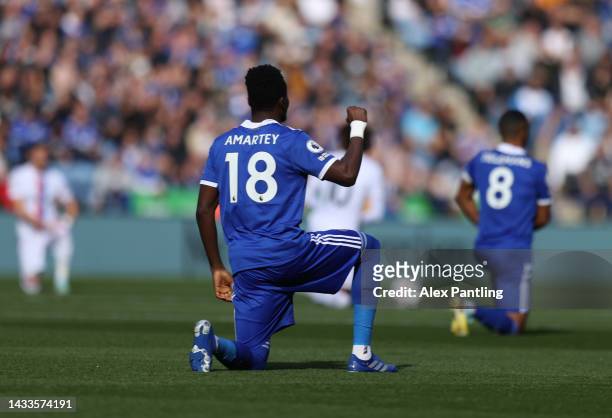 Daniel Amartey of Leicester City takes a knee prior to the Premier League match between Leicester City and Crystal Palace at The King Power Stadium...