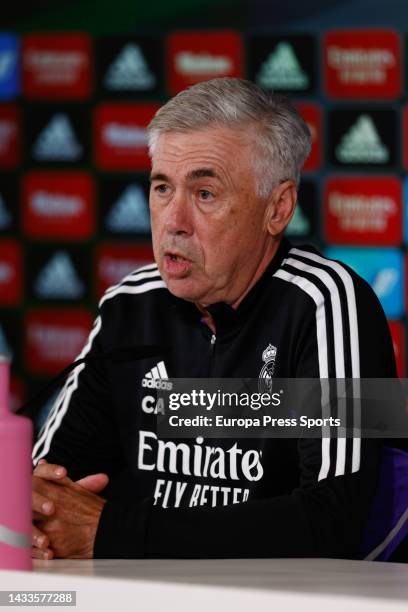 Carlo Ancelotti, head coach of Real Madrid, attends press conference after the training session before tomorrows Spanish league, La Liga Santander,...